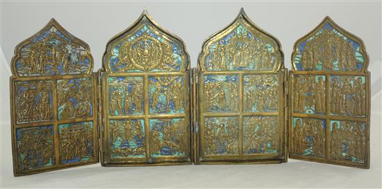 A 19th century Russian brass and champleve enamel four fold icon, open 15.75in.